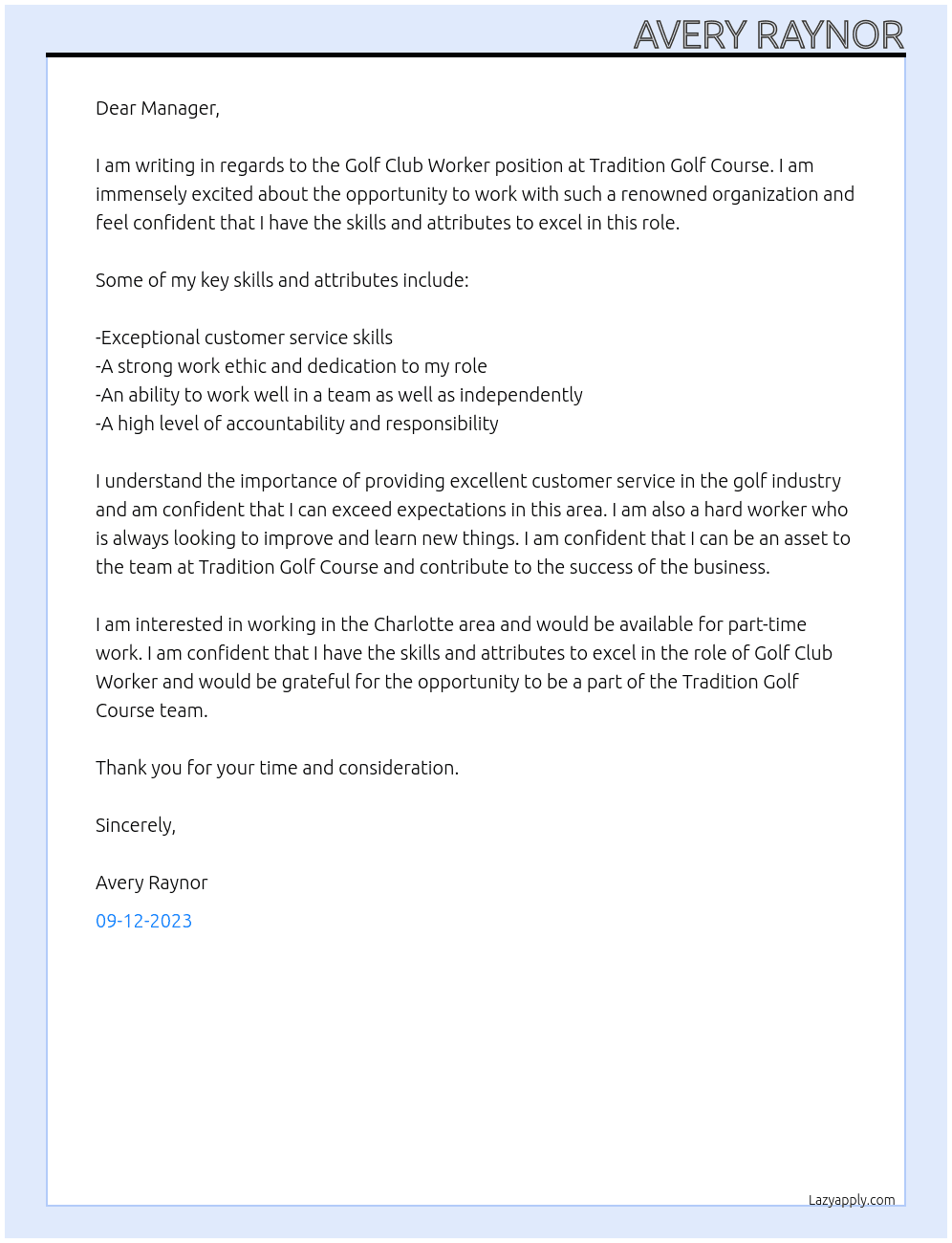 Golf Club Worker At Tradition Golf Course Cover Letter