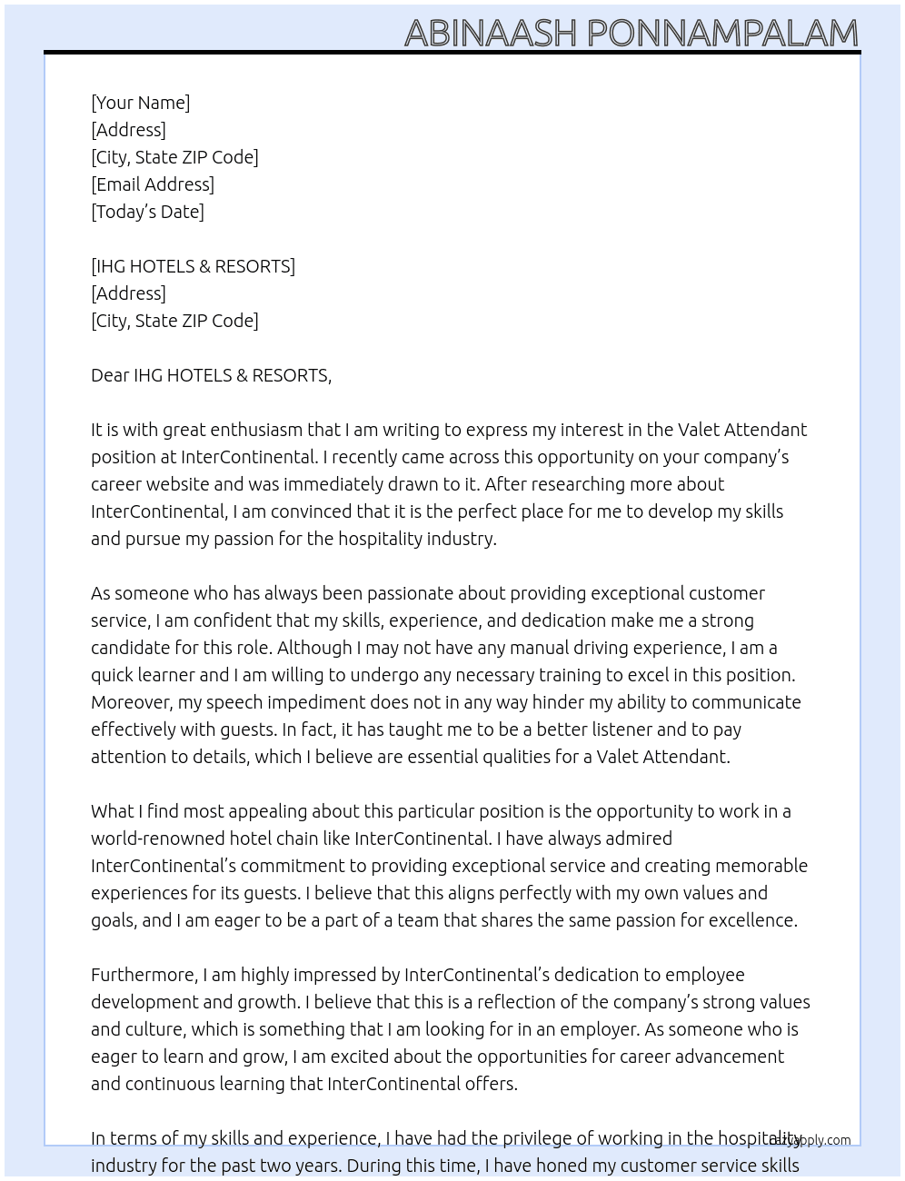 Valet Attendant with No Manual Driving Experience and With a Speech Impediment At InterContinental Cover Letter