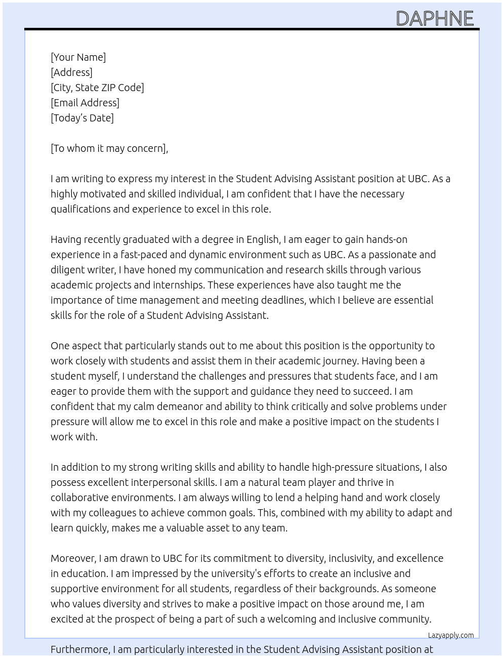Student Advising Assistant At UBC Cover Letter