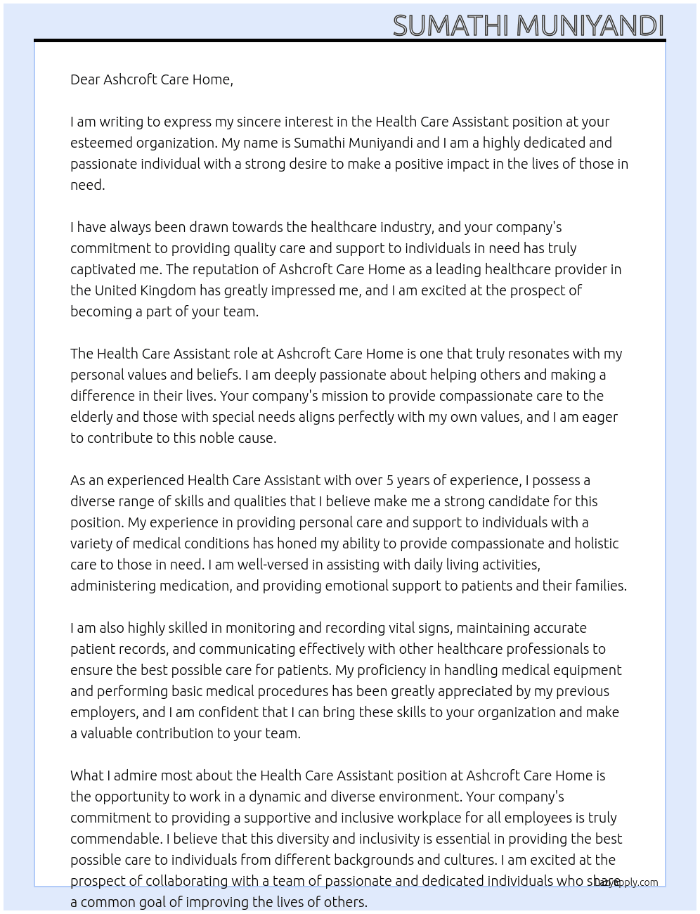 Health care assistant At Ashcroft care home Cover Letter