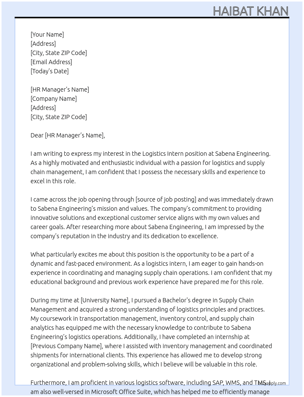 Logistics Interns At sabena engineering Cover Letter