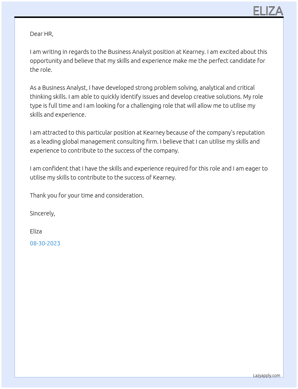 Business Analyst At Kearney Cover Letter