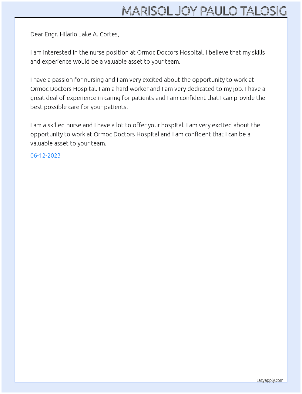 Nurse At ORMOC DOCTORS HOSPITAL Cover Letter
