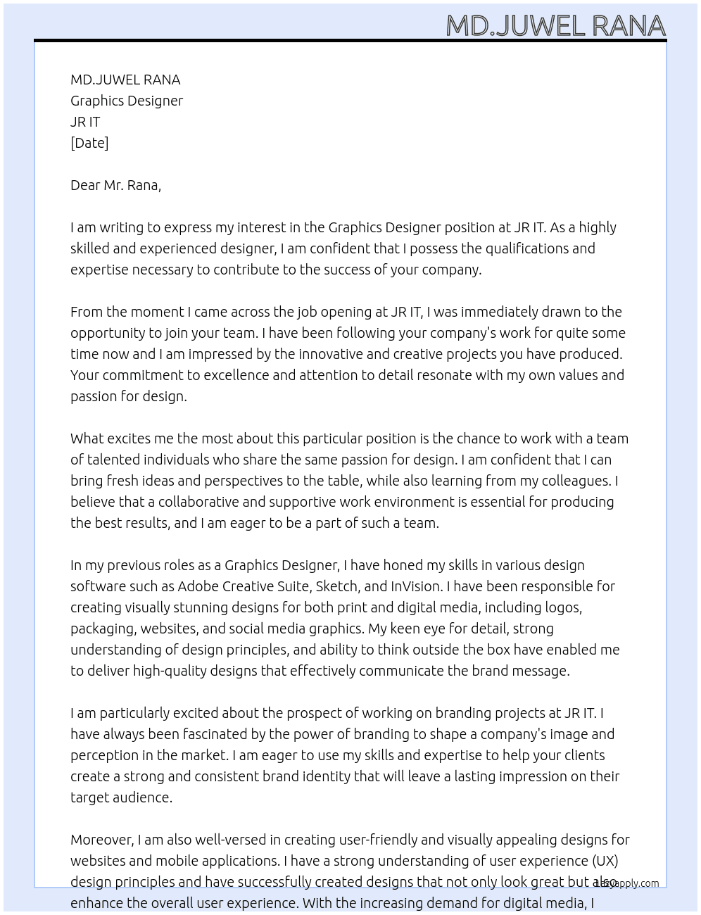 Graphics Designer At JR IT Cover Letter