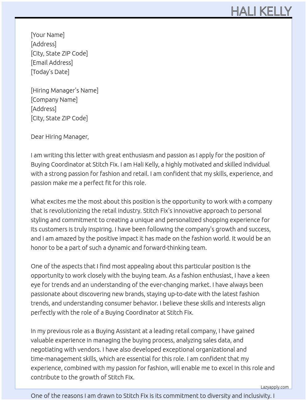 Buying Coordinator At Stitch Fix Cover Letter