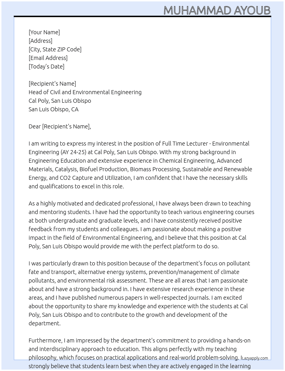 Full Time Lecturer - Environmental Engineering (AY 24-25) At Cal Poly, San Luis Obispo San Luis Obispo, CA Cover Letter