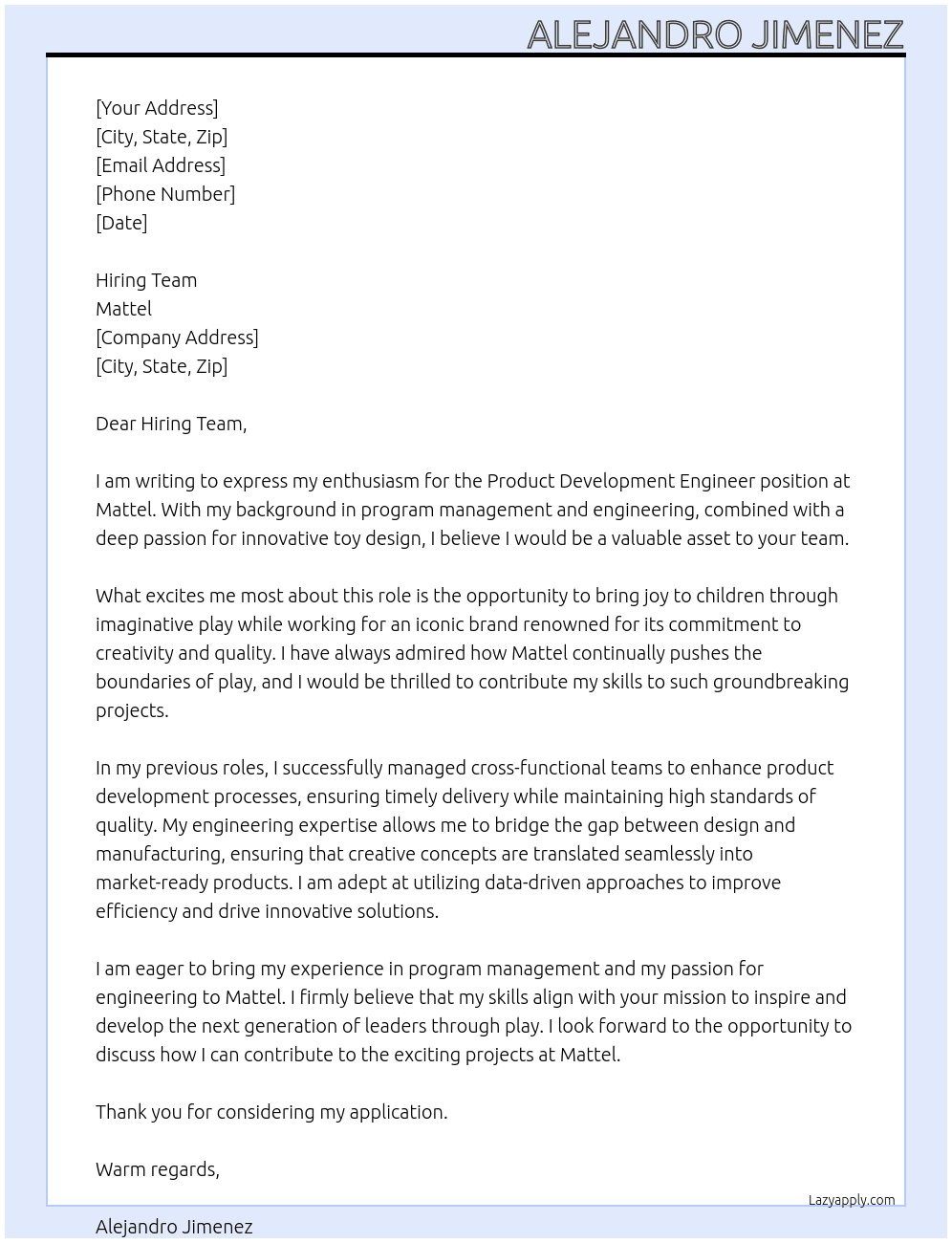Cover letter for product development engineer - LazyApply