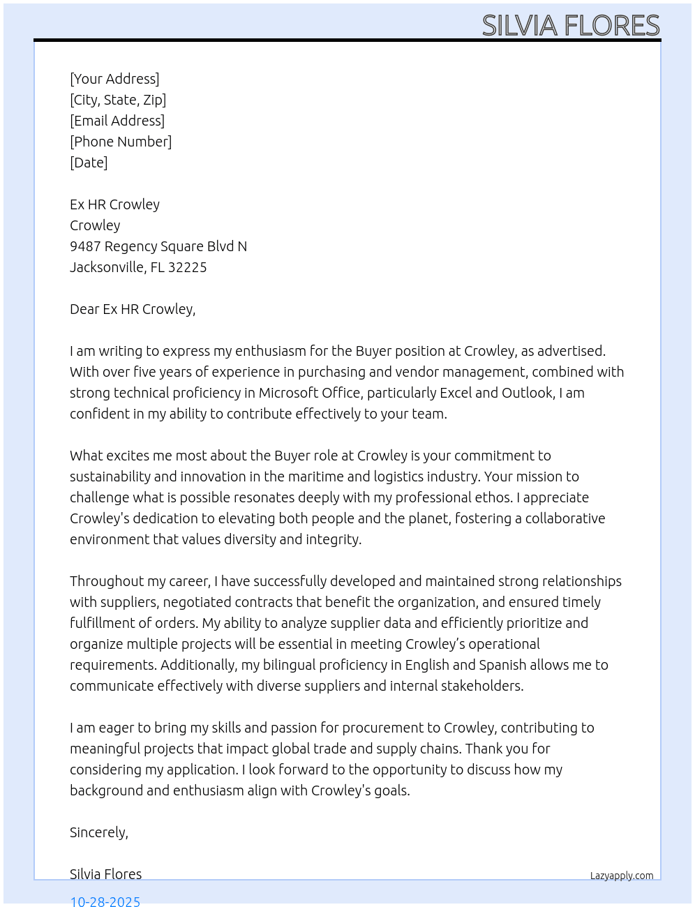 BUYER At Crowley Cover Letter