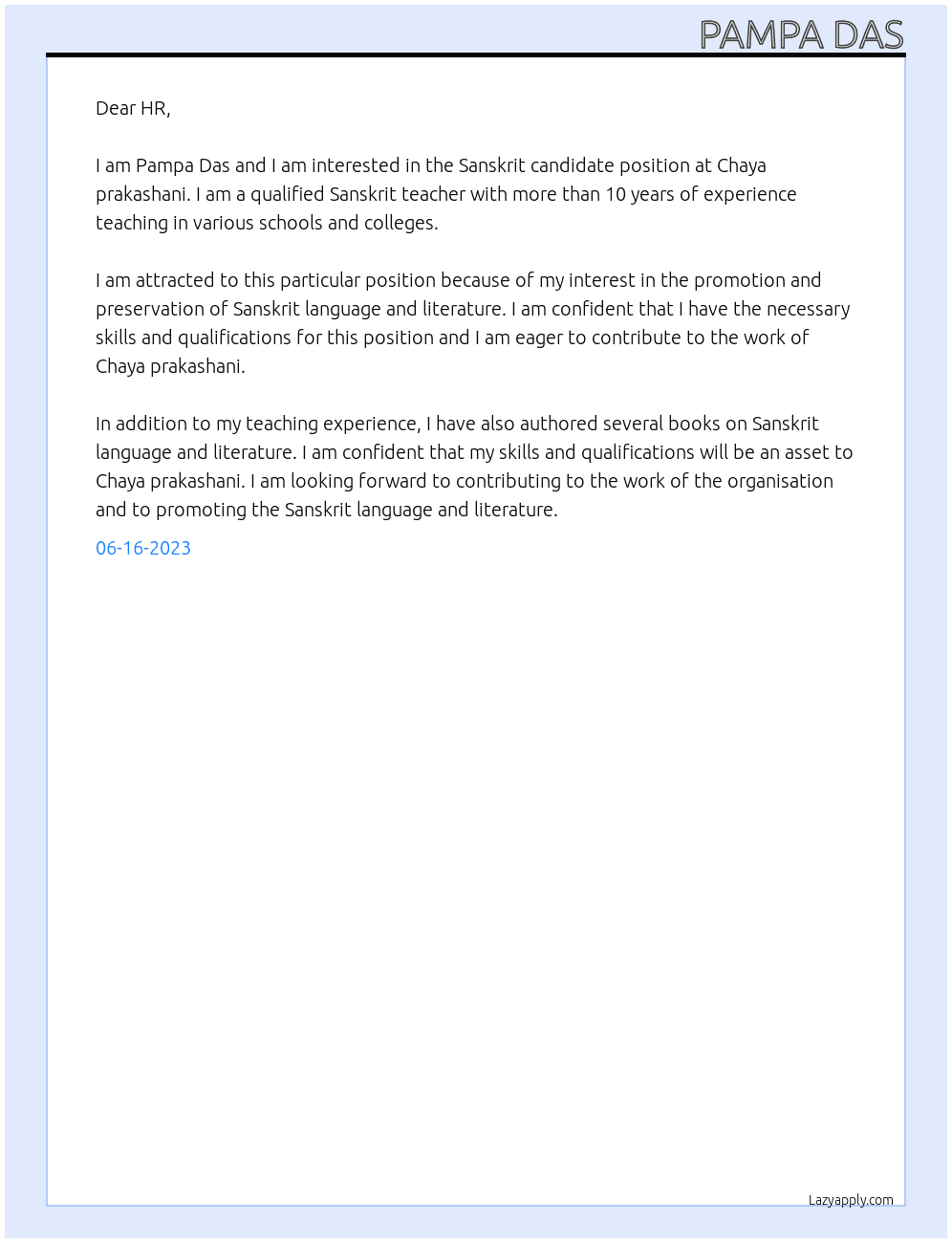 As a Sanskrit candidate  At Chaya prakashani  Cover Letter