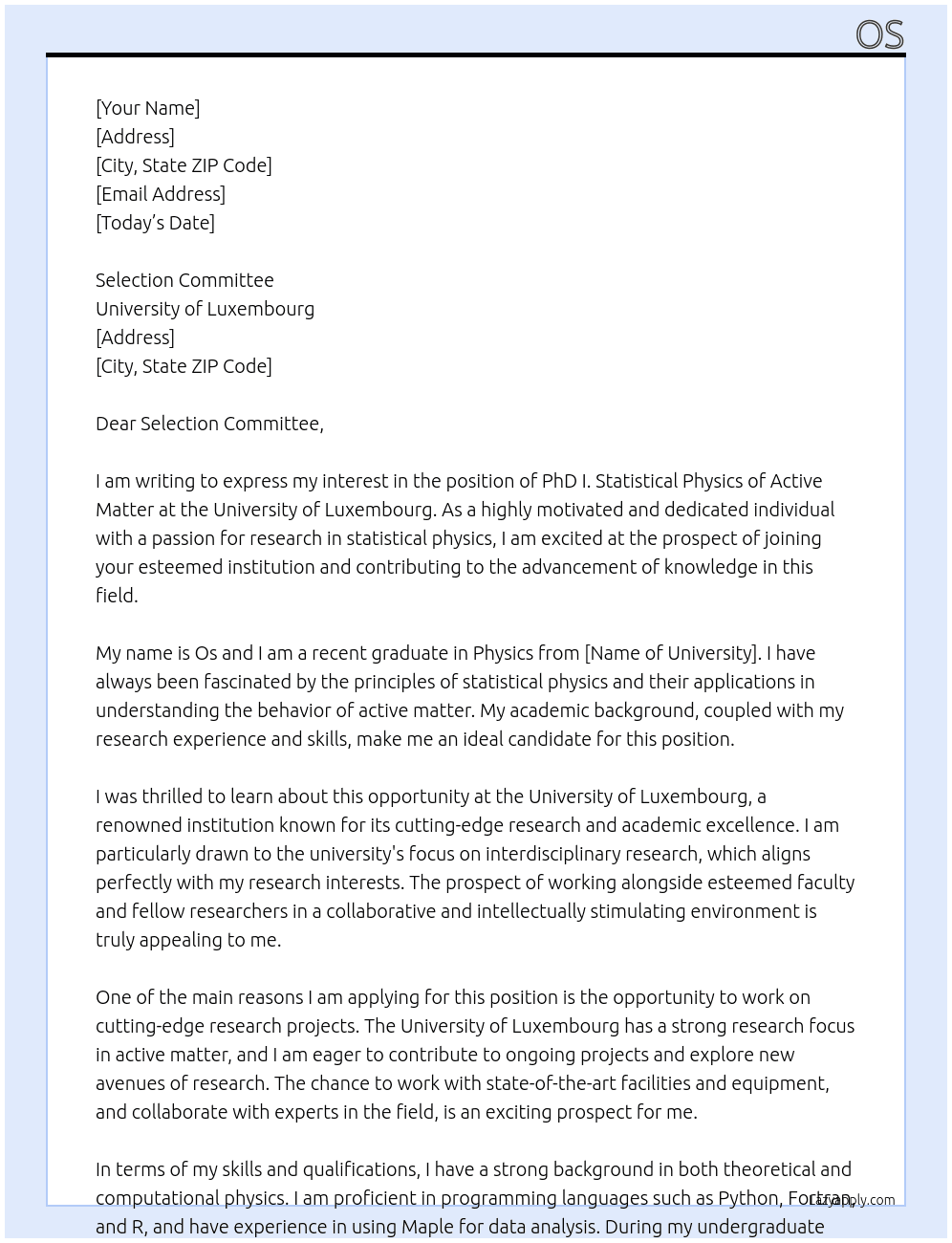 PhD I. Statistical Physics of Active Matter At University of Luxembourg  Cover Letter