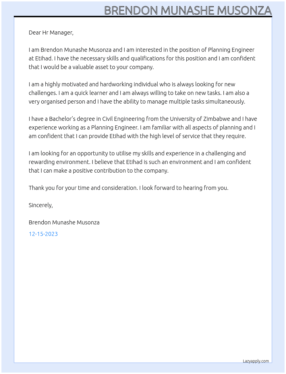 Planning Engineer  At Etihad Cover Letter