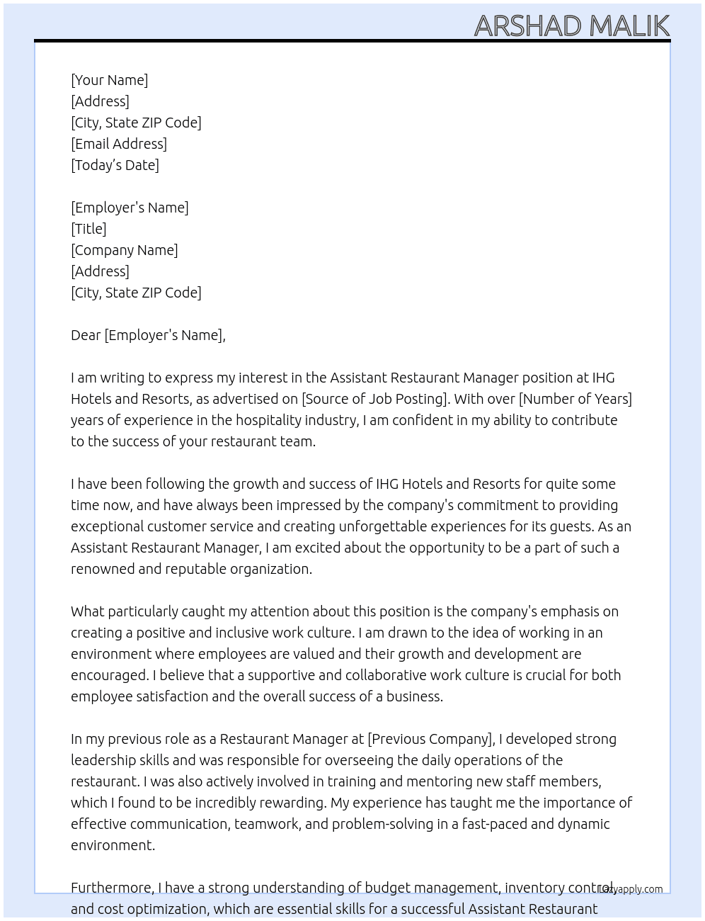 Assistant Restaurant Manager At IHG hots and Resort Cover Letter