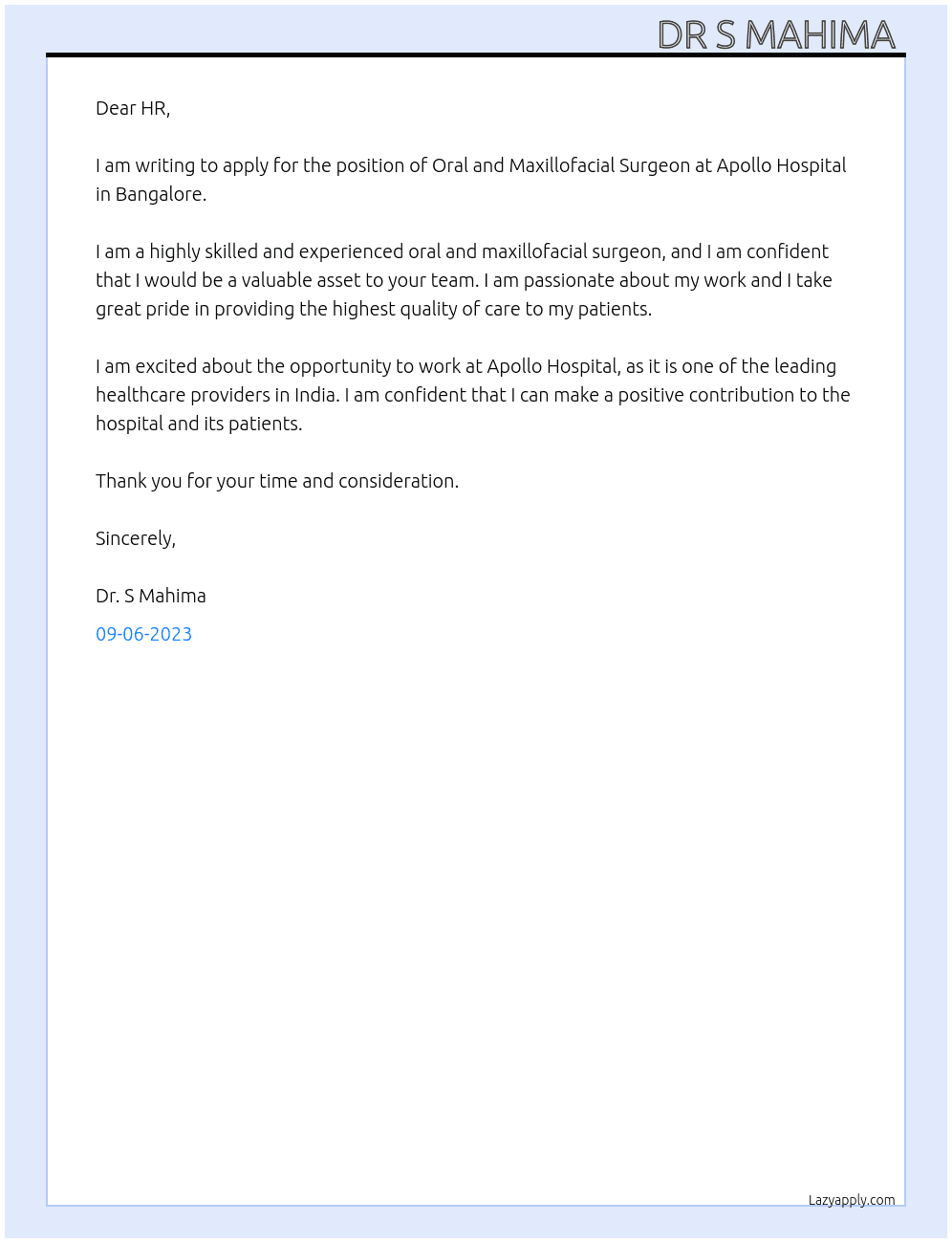 Oral and maxillofacial surgeon  At Apollo hospital, Bangalore  Cover Letter