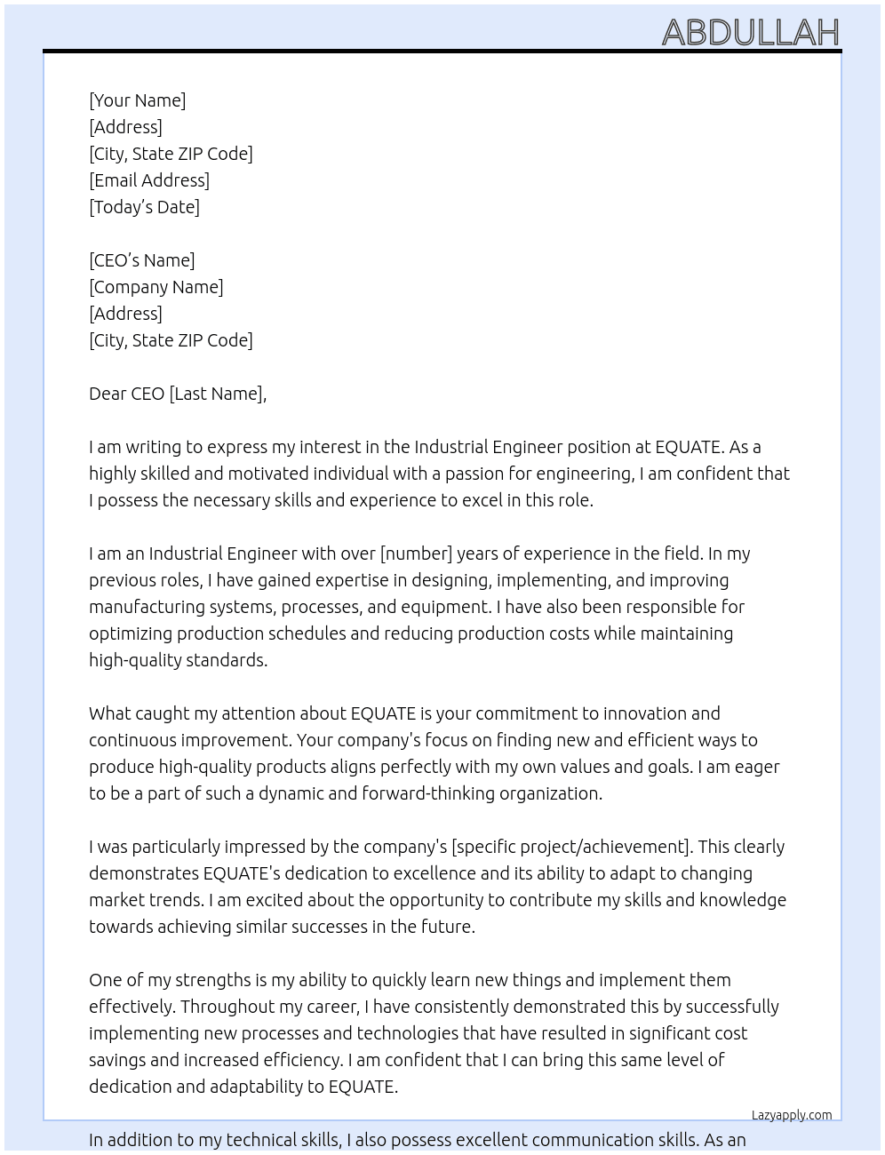 Industrial engineer At EQUATE Cover Letter