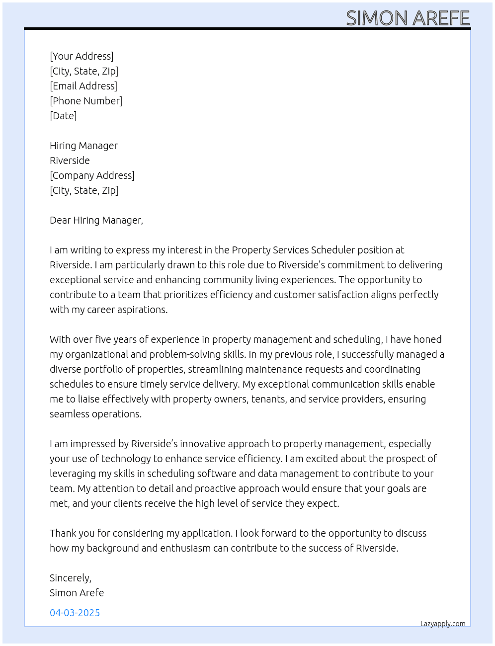 Cover letter for property services scheduler - LazyApply