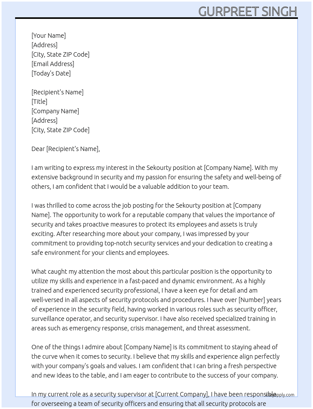 Sekourty  At Gurpreet Singh Cover Letter
