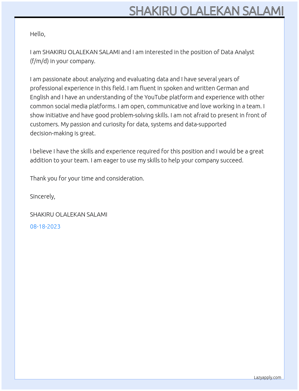 Data Analyst (f/m/d) At Small but Ltd Cover Letter