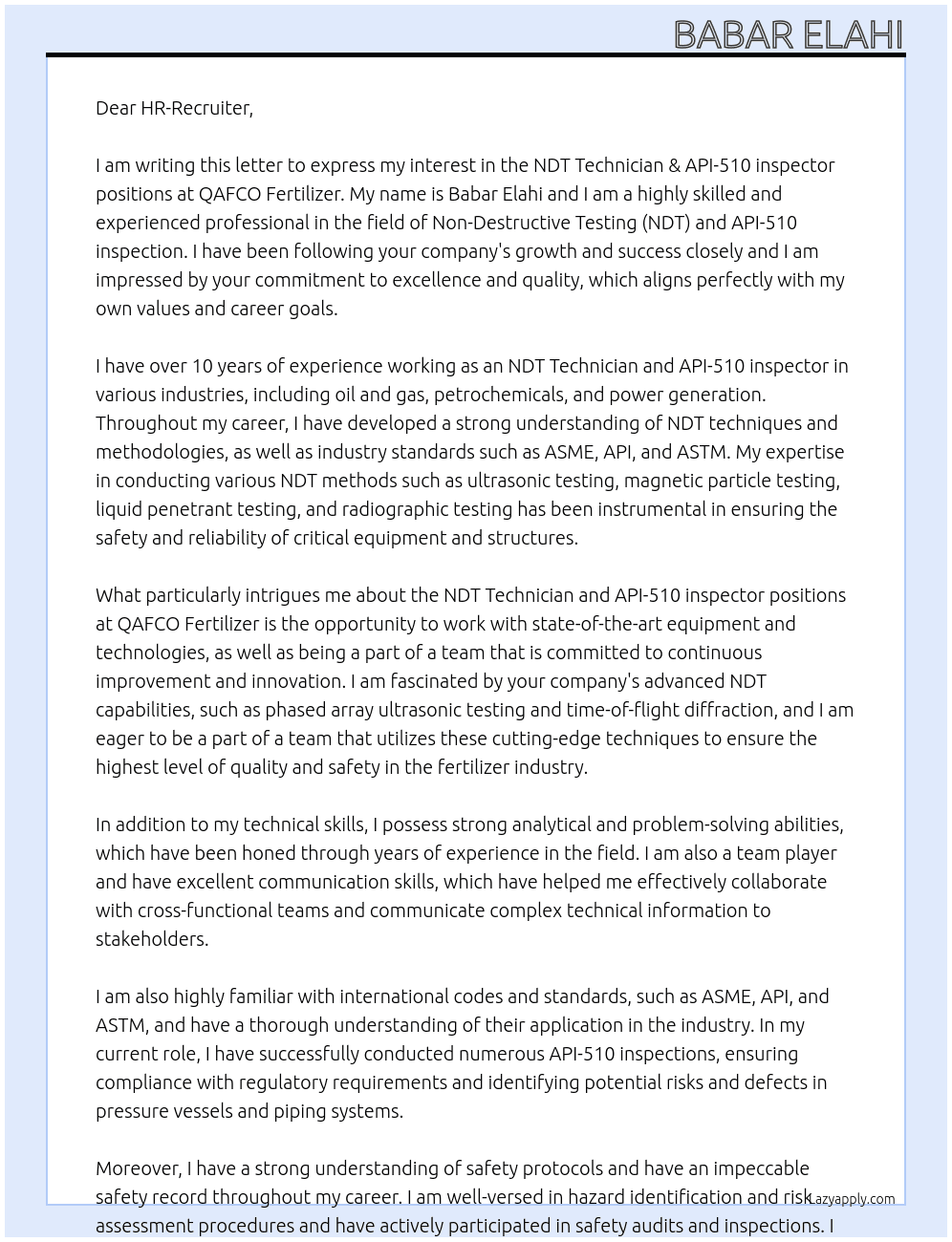 NDT Technician & API-510 inspector At QAFCO Fertilizer Cover Letter