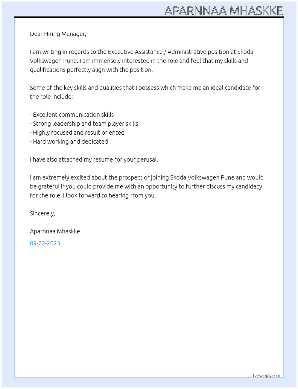 Executive Assistance / Administrative At Skoda Vollkswagen Pune Cover Letter