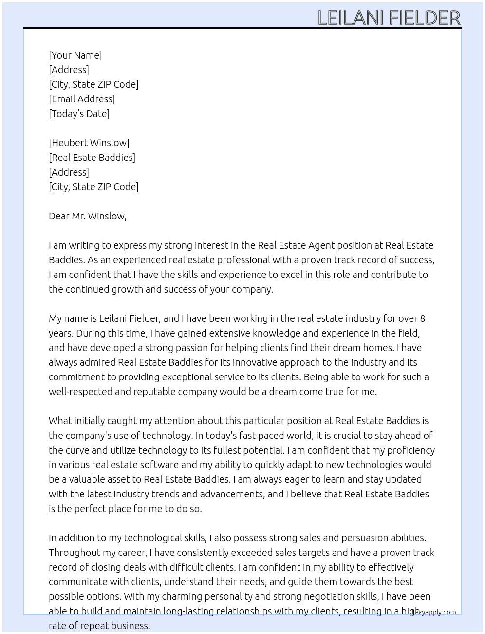 Real estate agent At Real Esate Baddies Cover Letter