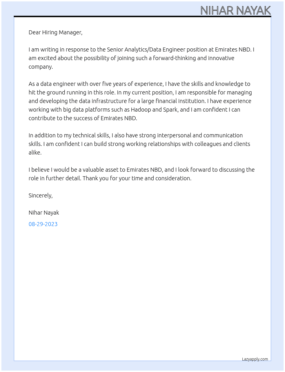 Senior Analytics/Data Engineer At Emirates NBD Cover Letter