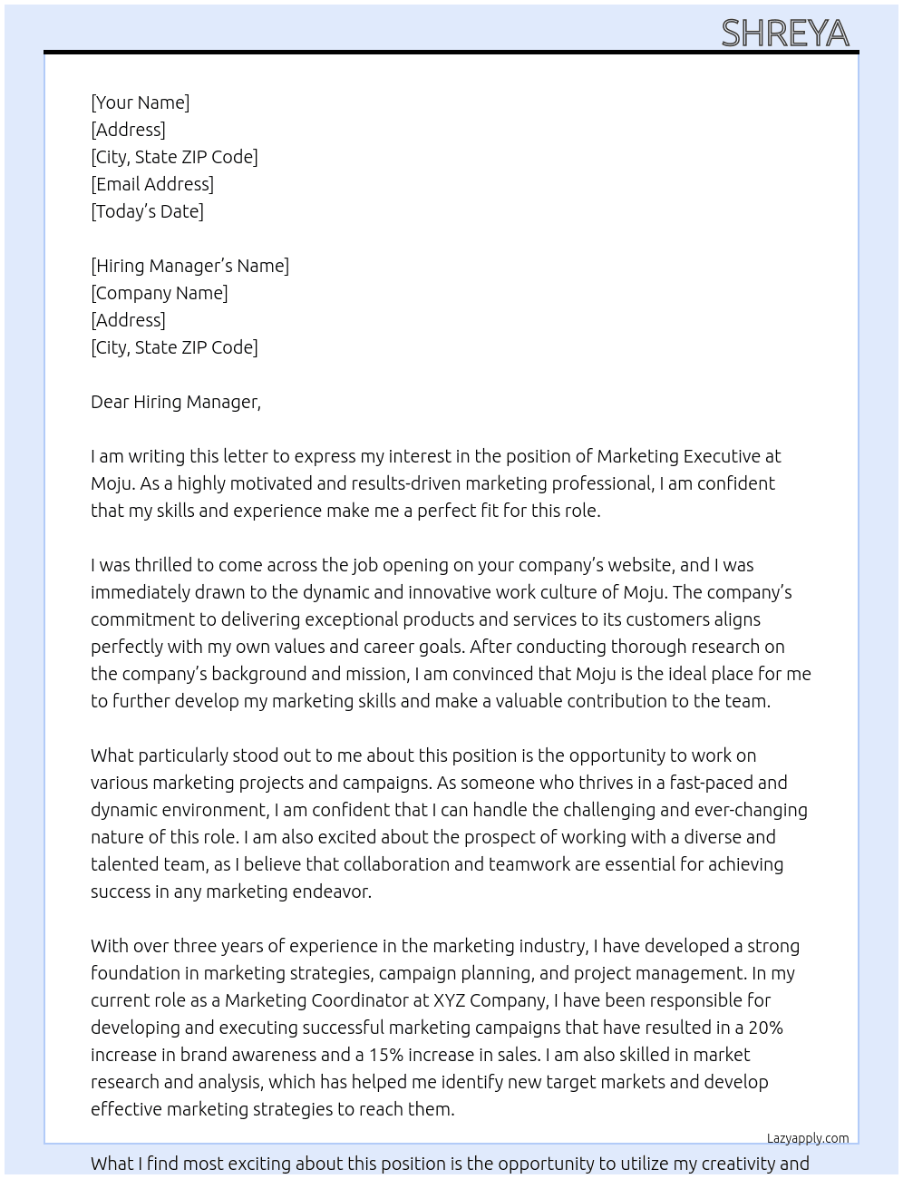 marketing executive At moju Cover Letter
