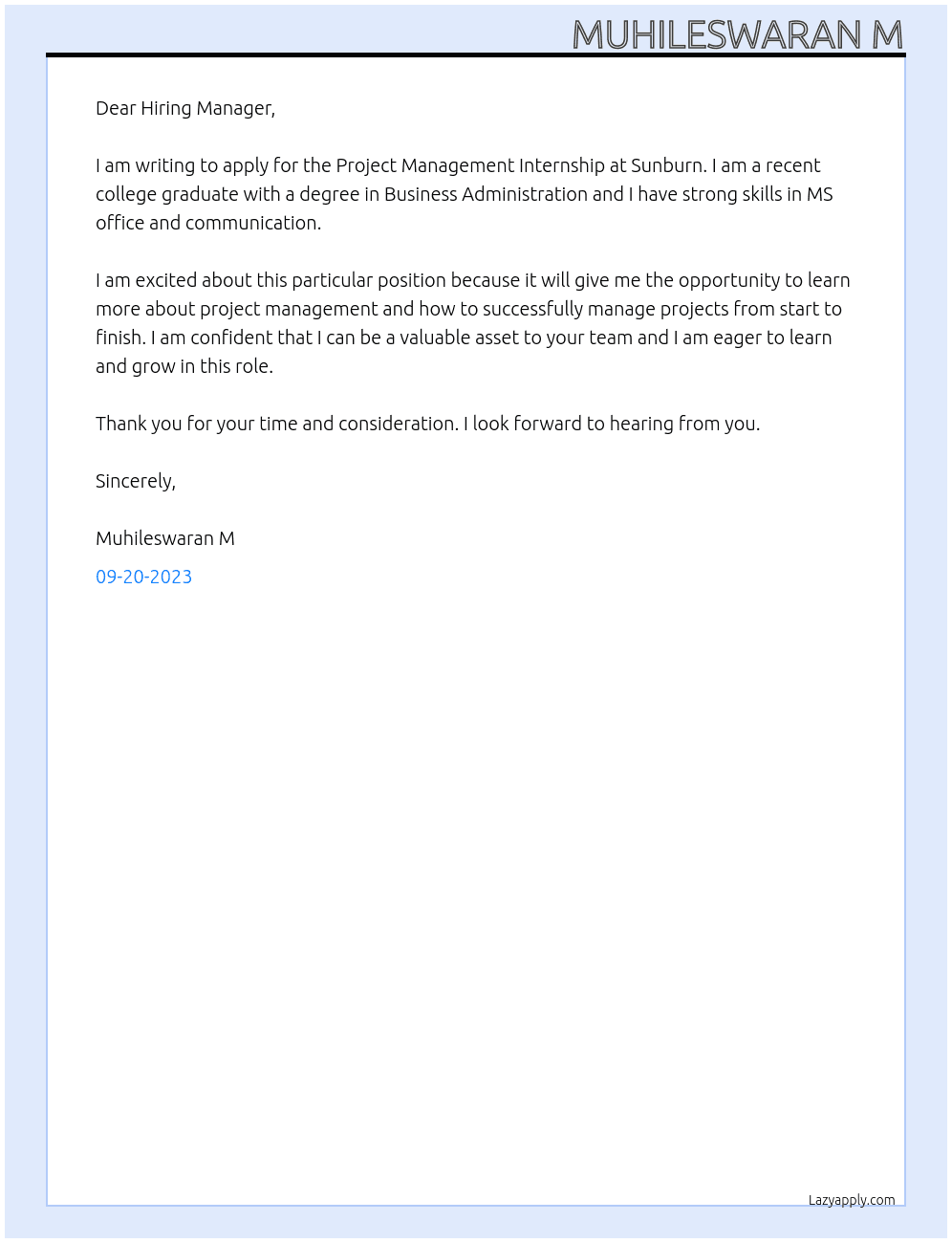 Project management At Sunburn Cover Letter