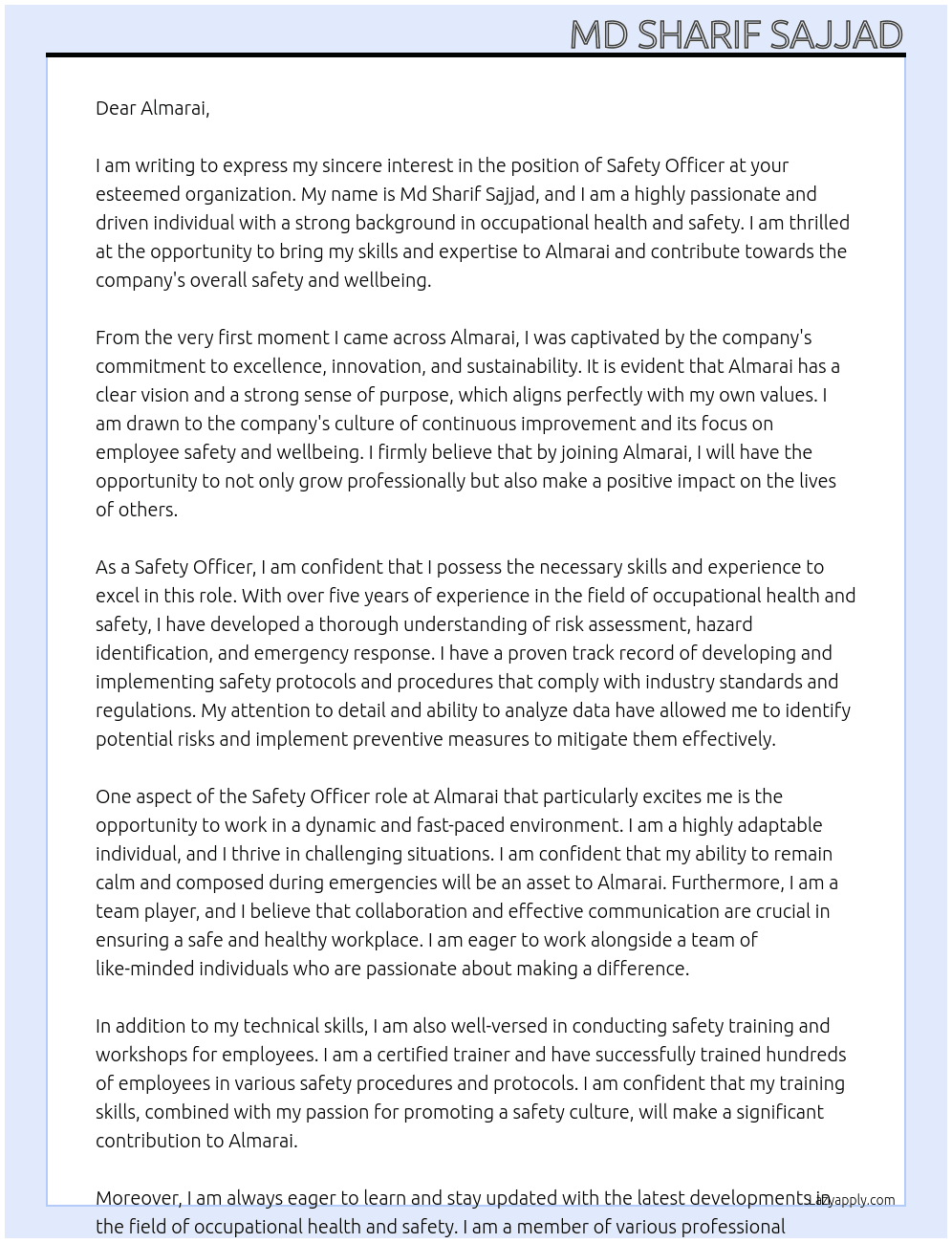 Safety Officer  At Almarai  Cover Letter