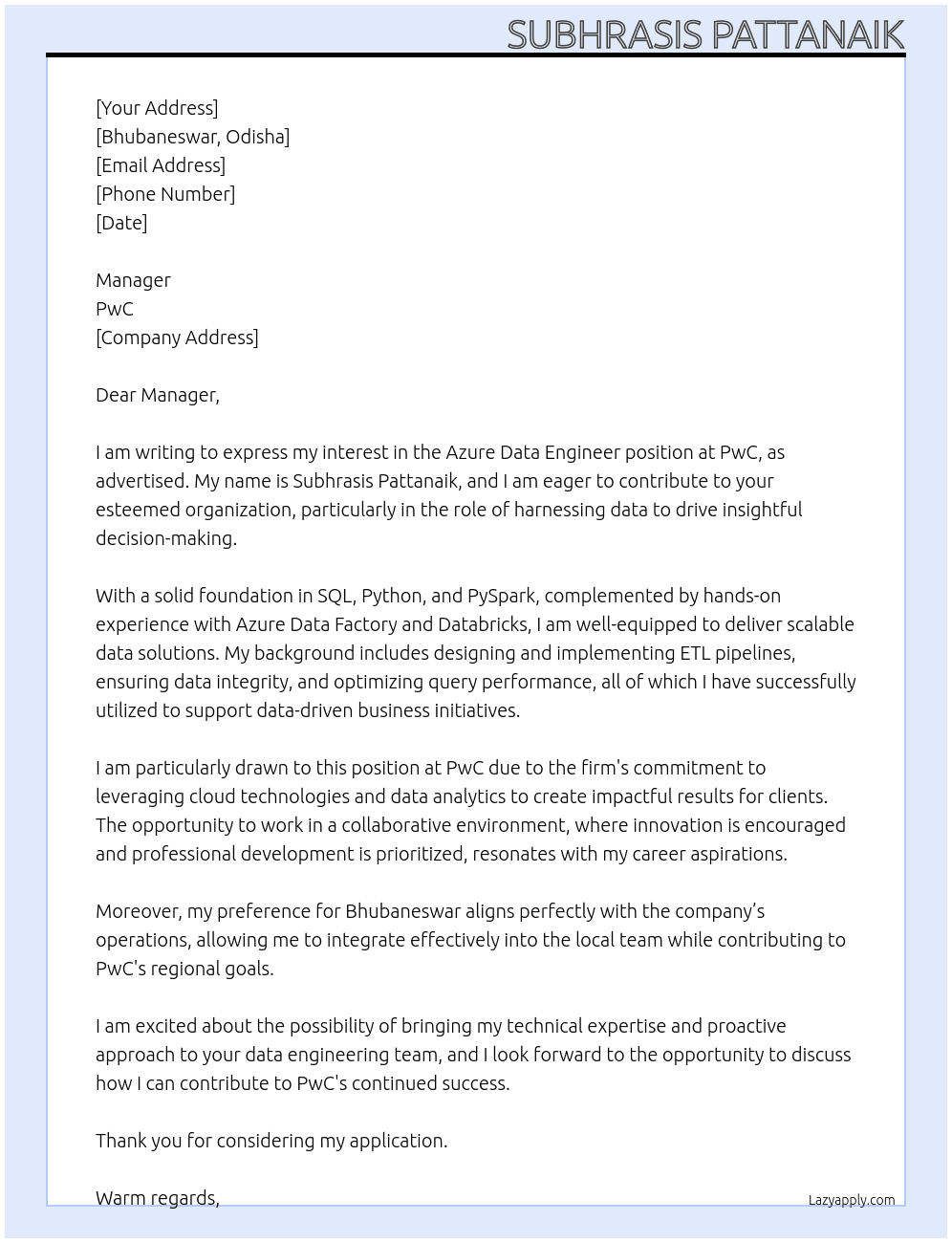 Cover letter for azure data engineer - LazyApply