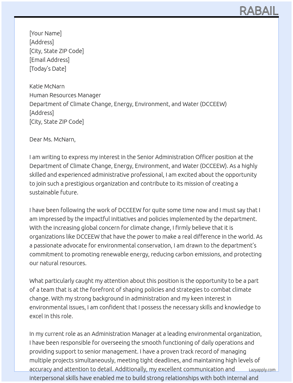 Senior Administration Officer At Department of Climate Change, Energy, Environment, and Water (DCCEEW) Cover Letter