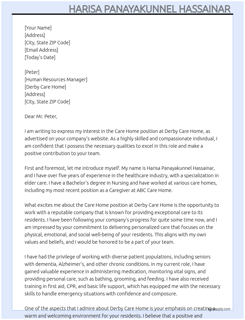 Care home  At Derby care home  Cover Letter