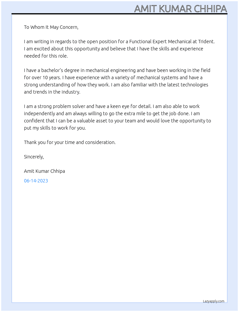 Functional Expert Mechanical At Trident Cover Letter