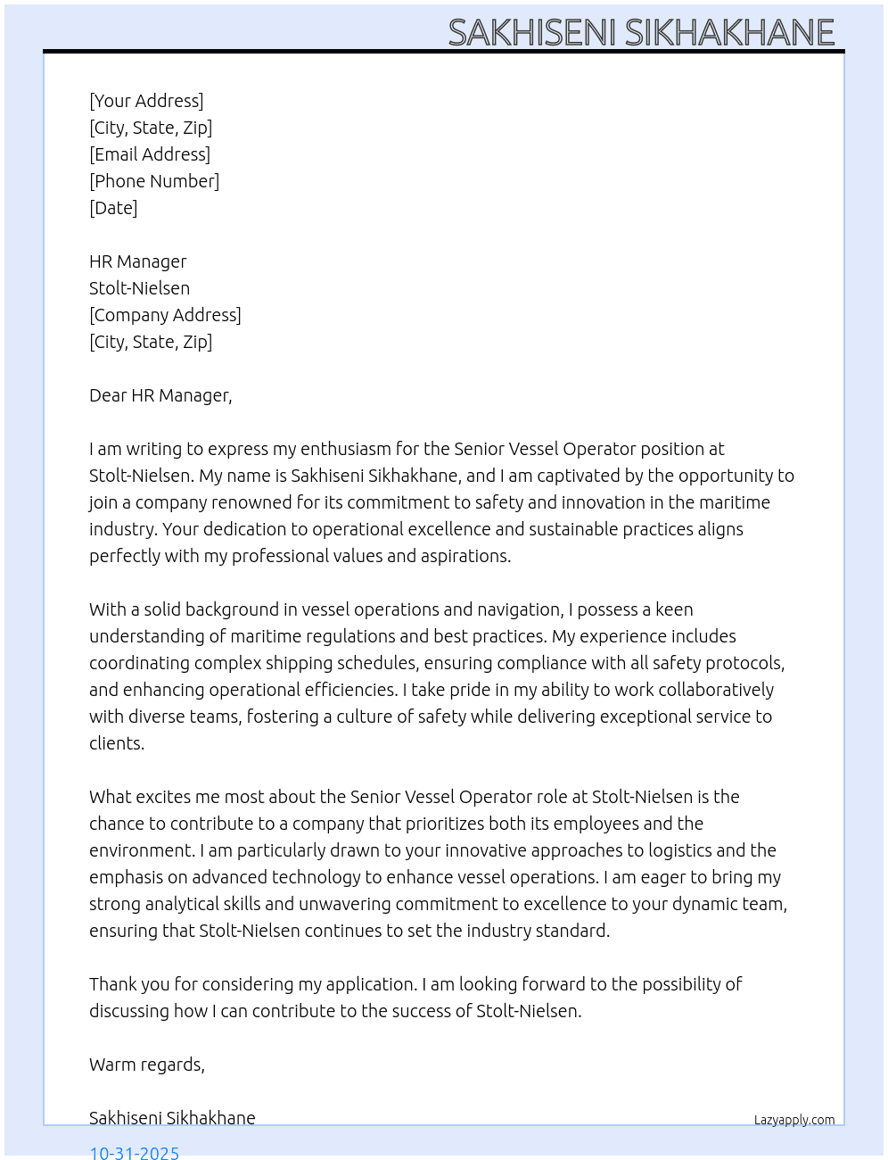 Senior Vessel Operator  At Stolt-Nielsen Cover Letter