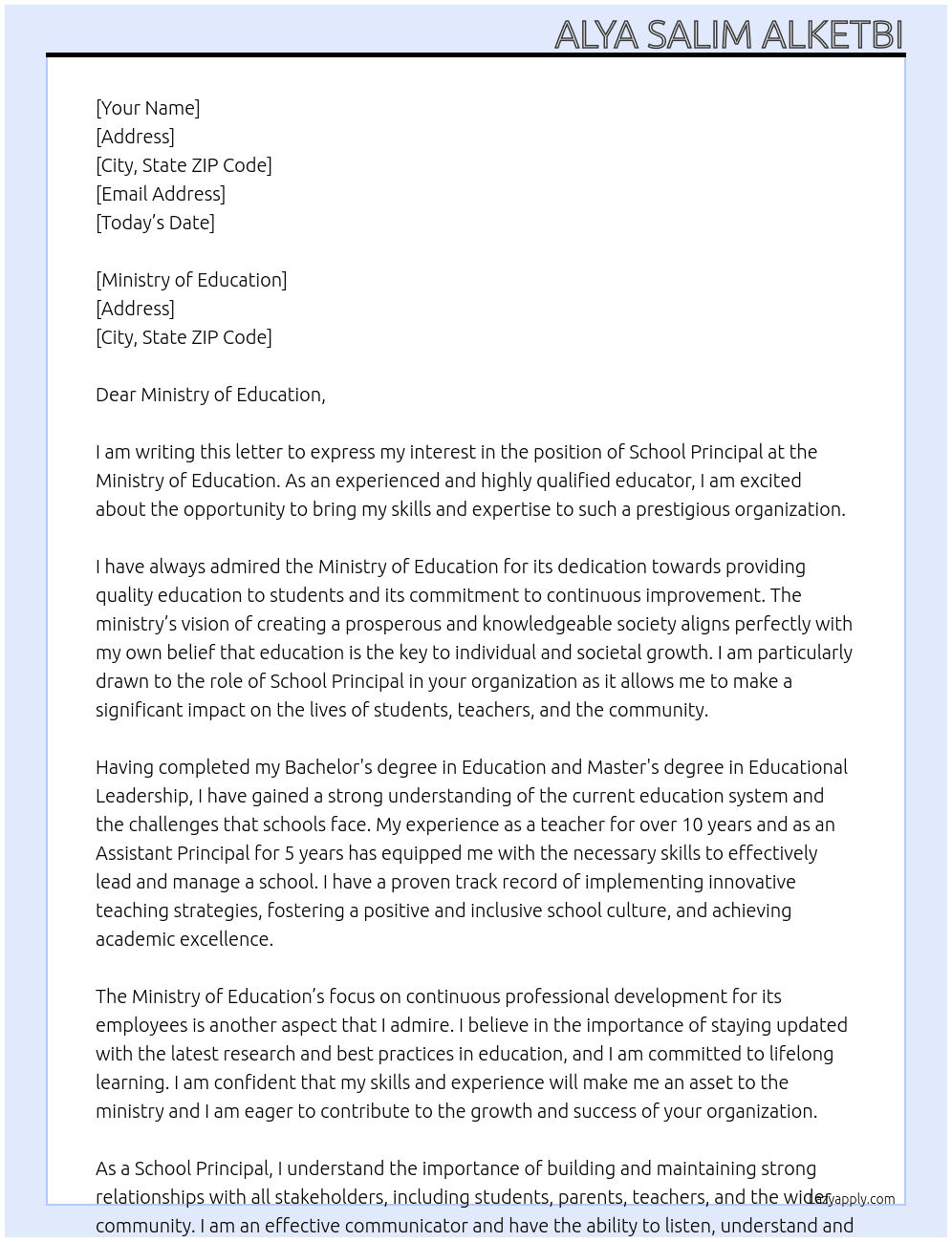 school principal At ministry of education Cover Letter