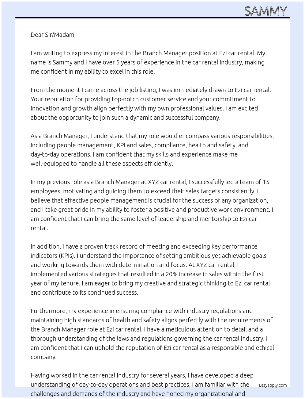 Branch Manager At Ezi car rental Cover Letter