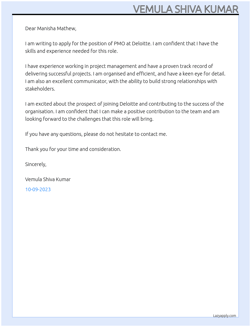 PMO At Deloitte Cover Letter