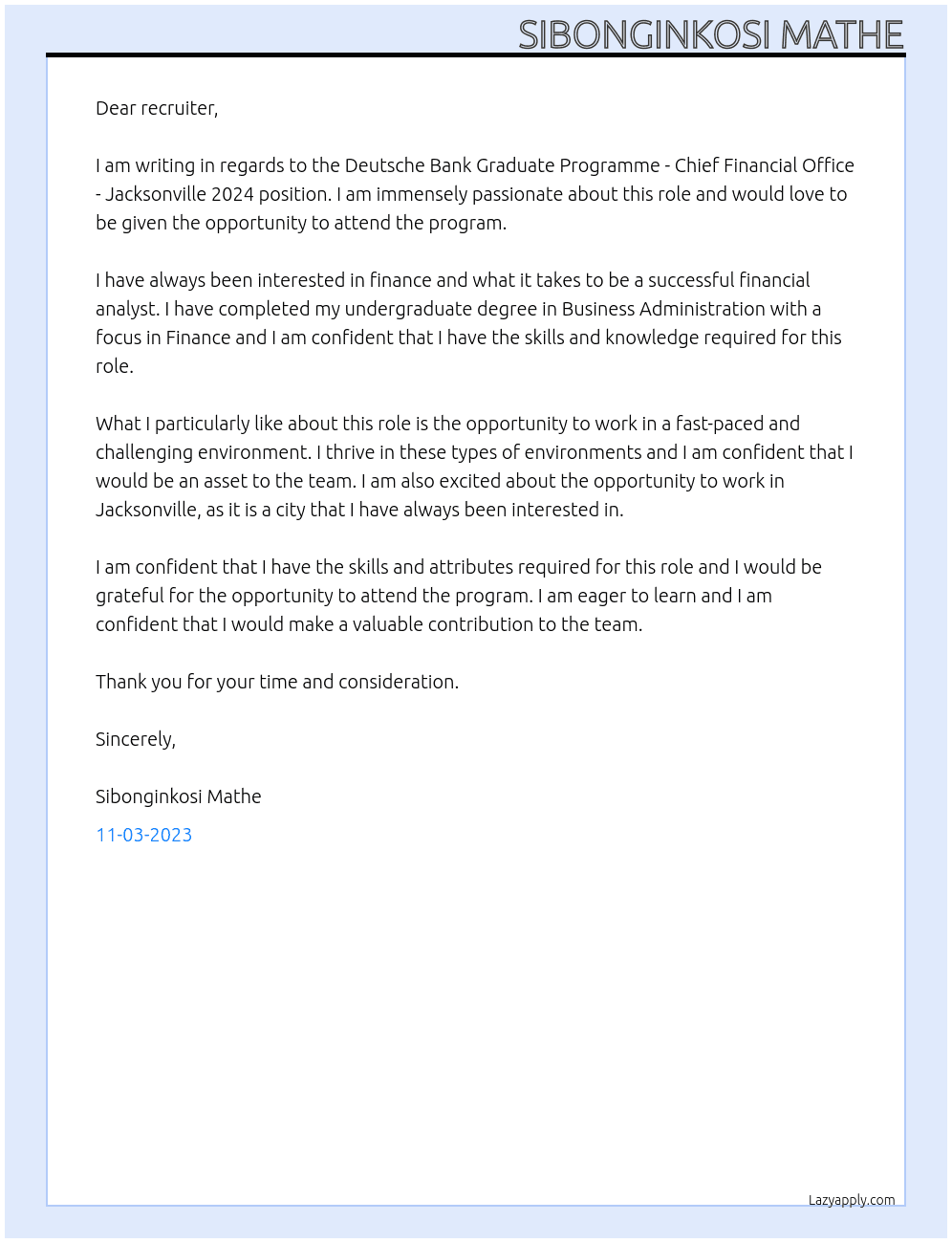 Deutsche Bank Graduate Programme - Chief Financial Office - Jacksonville 2024 At Duetsche Bank  Cover Letter