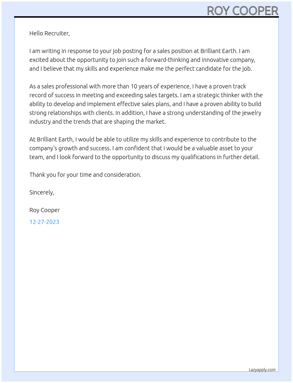 Sales At Brilliant Earth Cover Letter