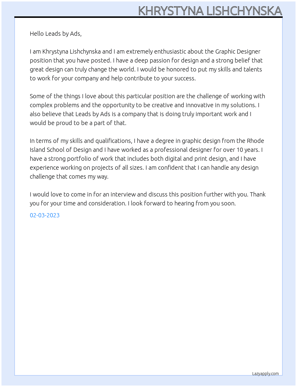 Graphic Designer At Leads by Ads Cover Letter
