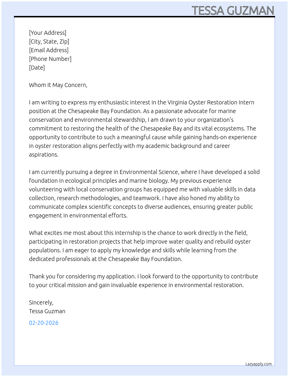 Virginia Oyster Restoration Intern At Chesapeake Bay Foundation Cover Letter