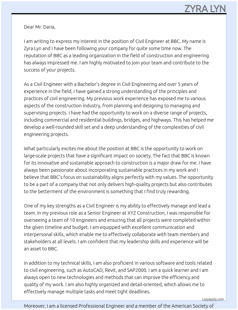 Civil engineer At BBC Cover Letter