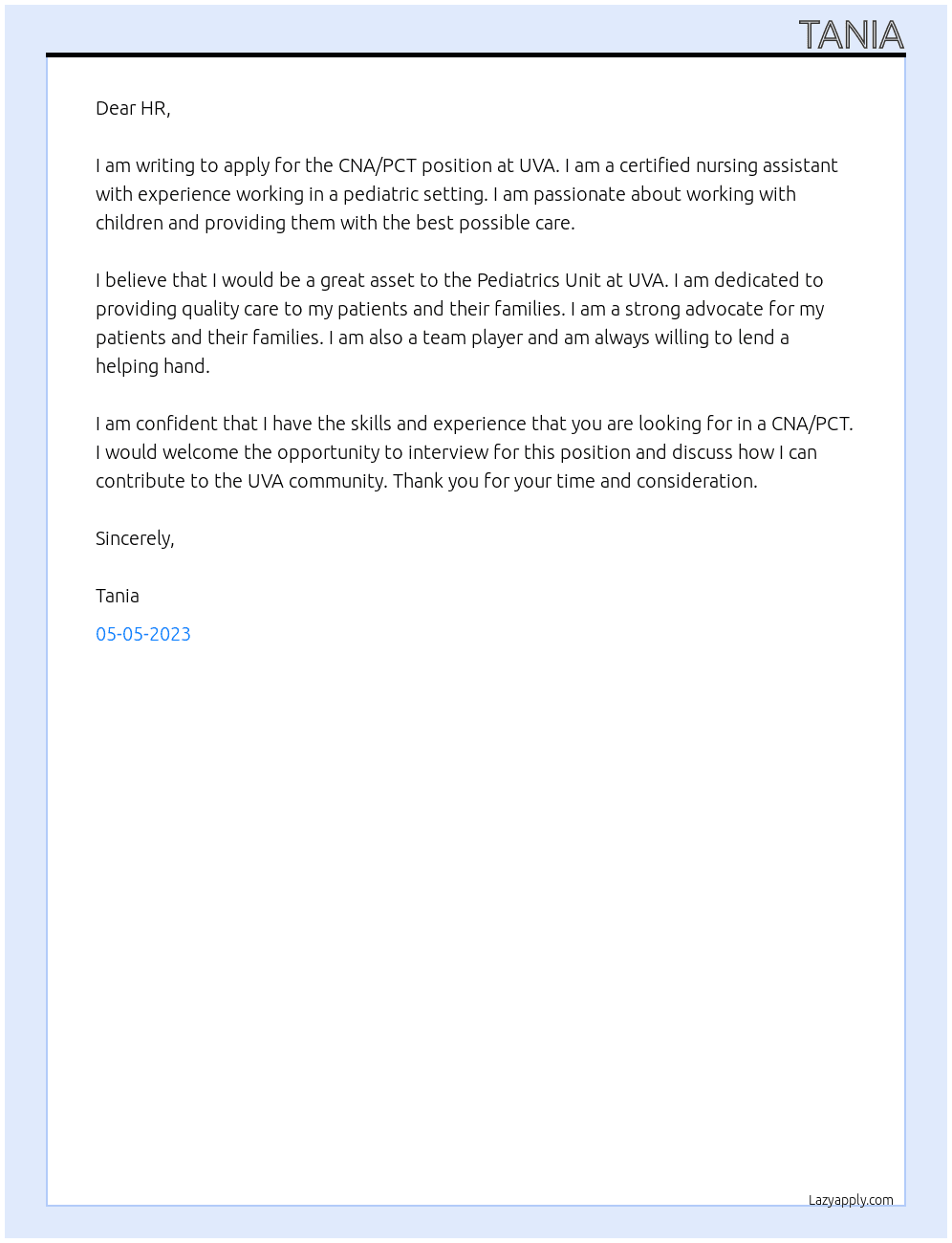 CNA/PCT  At Pediatrics Unit at UVA Cover Letter