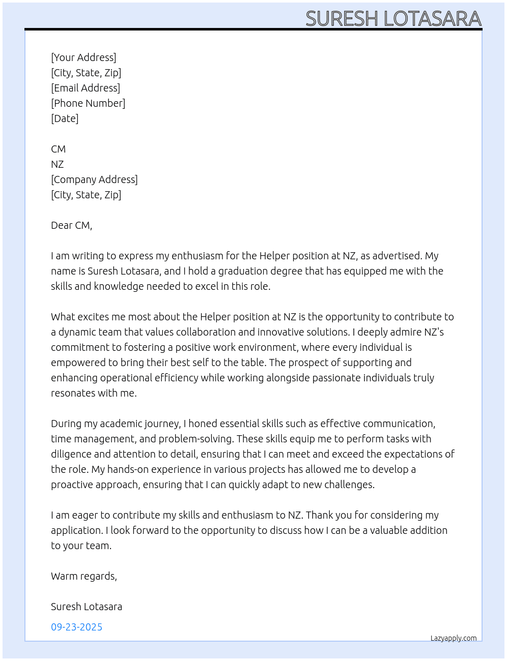 Helper  At NZ Cover Letter