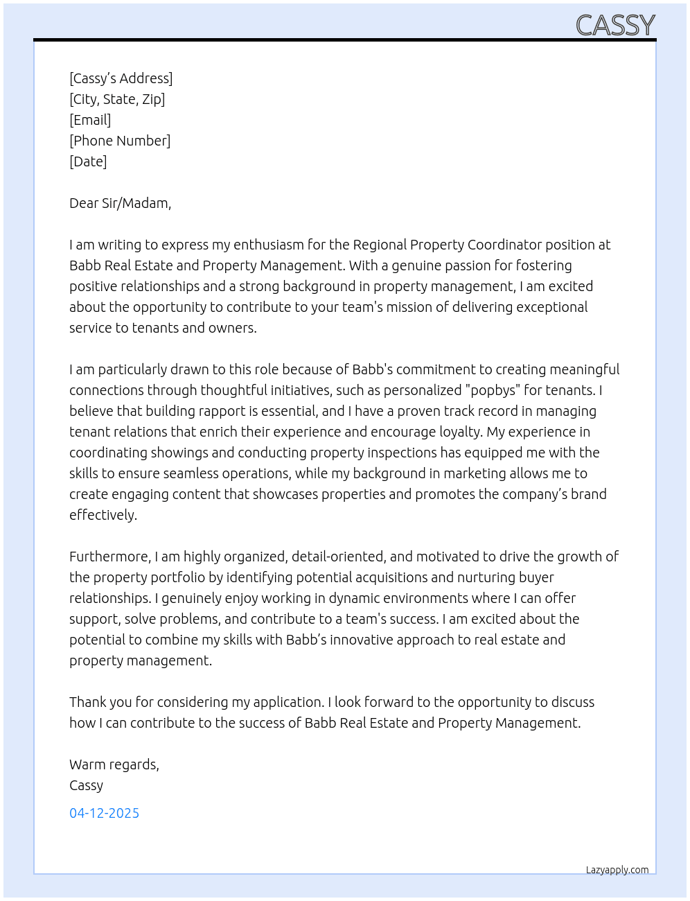 Cover letter for regional property coordinator - LazyApply