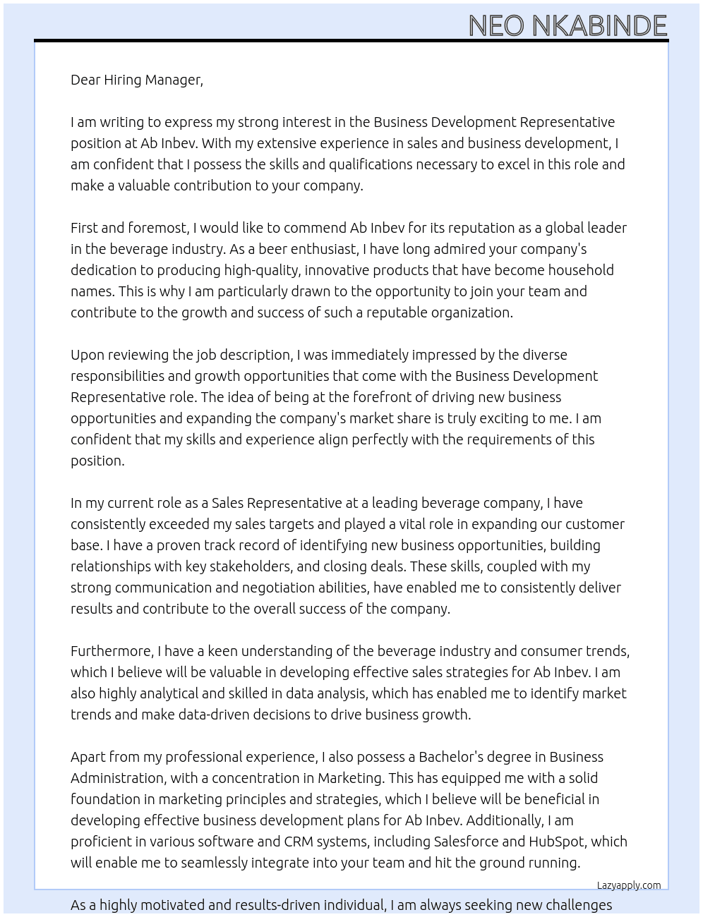 Business Development Representative At Ab Inbev Cover Letter