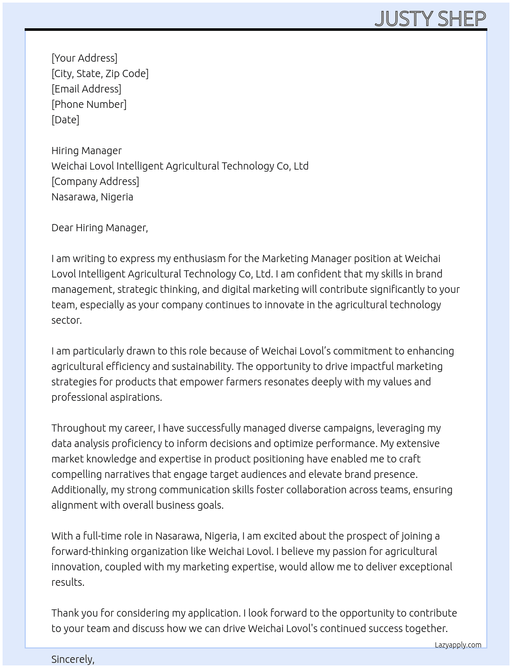 Marketing Manager At Weichai Lovol Intelligent Agricultural Technology Co, Ltd Cover Letter