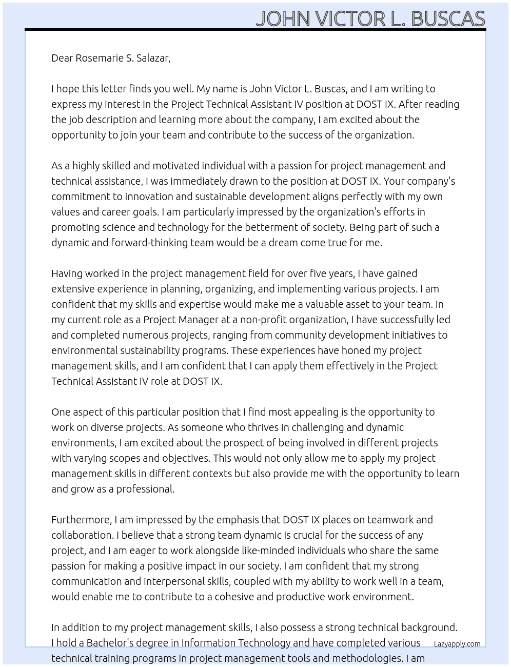 Project technical assistant IV At DOST IX Cover Letter
