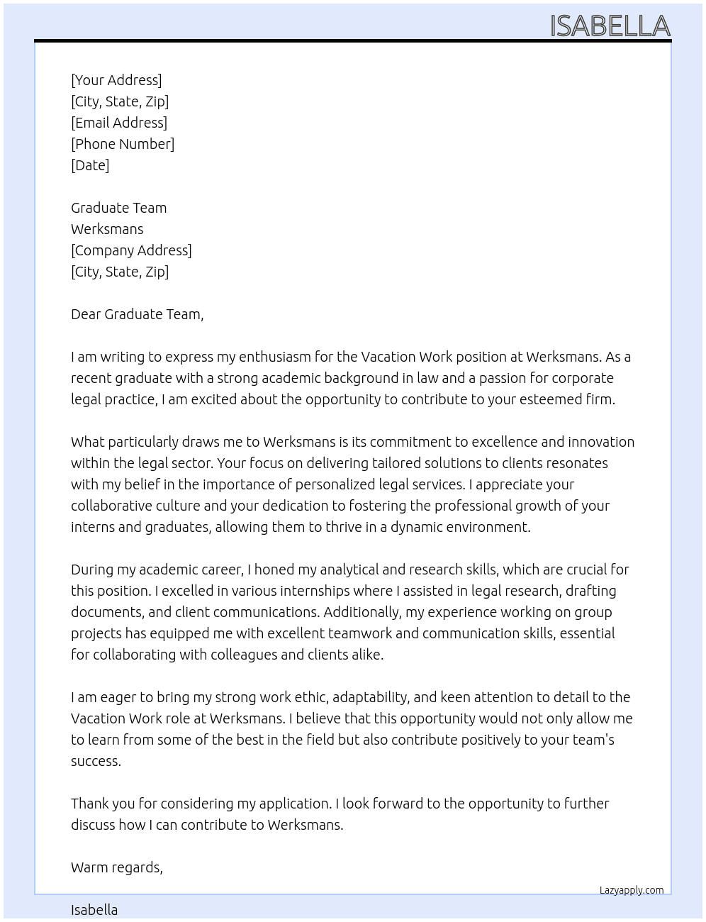 Cover letter for vacation work - LazyApply