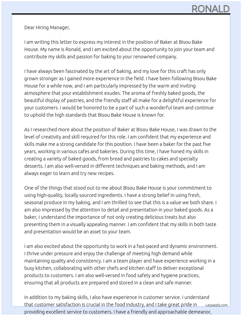 Baker At Bisou Bake House Cover Letter
