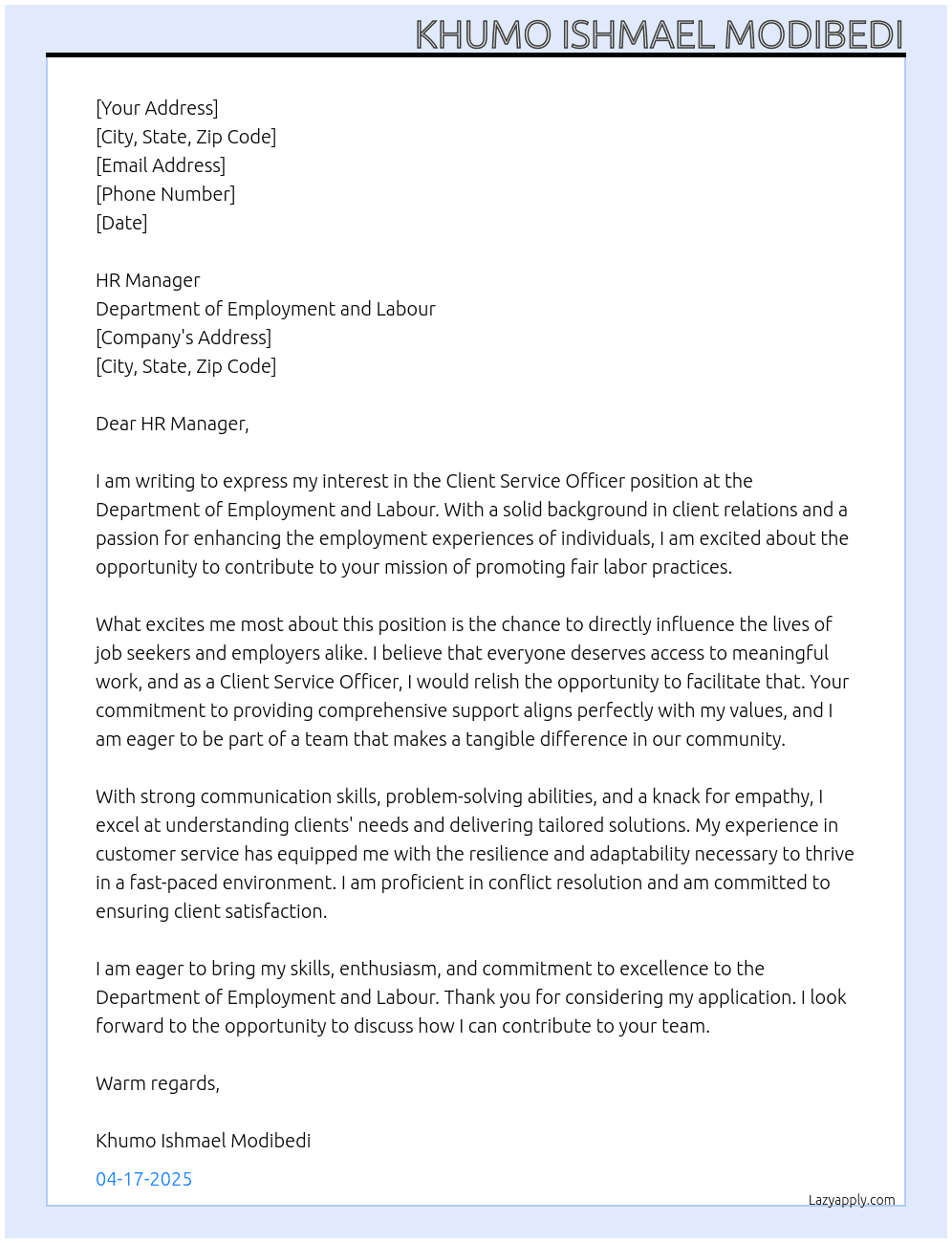 CLIENT SERVICE OFFICER At Department of Employment and Labour  Cover Letter
